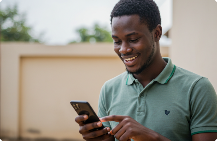 man smiling at phone